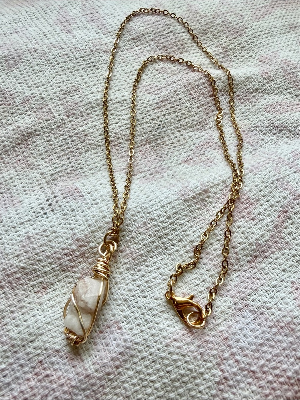 HANDMADE Gold Wire-Wrapped White Stone Pendant Necklace